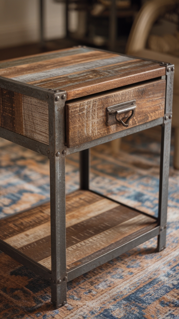 Imagine this reclaimed wood nightstand, a testament to enduring style, nestled beside your bed. The distressed wood and aged metal frame create a captivating contrast, while the single drawer and shelf provide both storage and display space. A perfect blend of rustic charm and modern functionality.