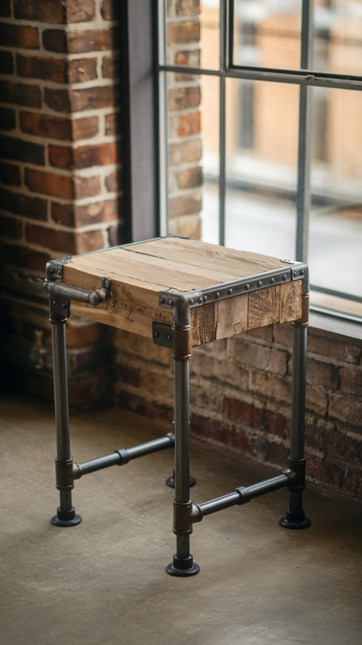 A symphony of textures and contrasting materials: reclaimed wood whispers stories of the past atop a sturdy metal frame, while the raw concrete floor and exposed brick walls of this urban loft provide a dramatic backdrop. This bedside table isn't just furniture; it's a statement piece, a testament to the beauty of repurposed materials and the magic of industrial chic.