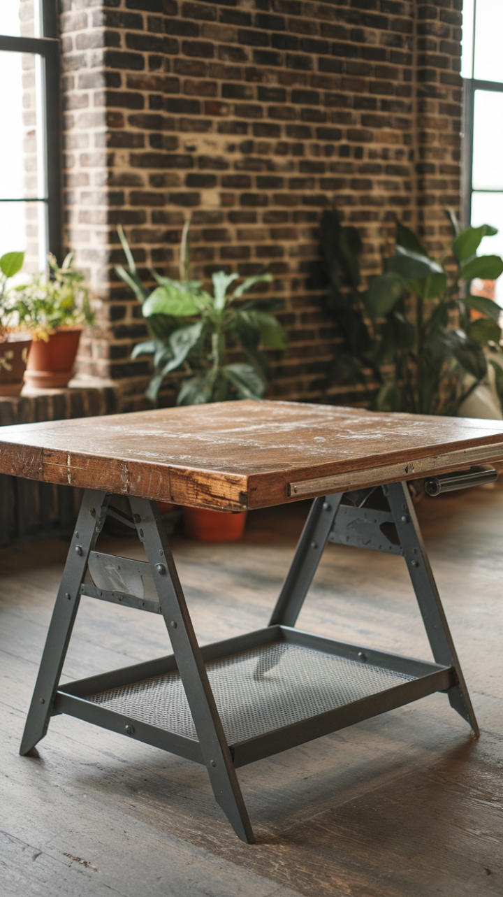 Industrial grit meets organic charm. This vintage work table, with its beautifully imperfect wooden top and sturdy steel frame, anchors a loft space with effortless cool. The juxtaposition of textures and the subtle patina of time create a captivating focal point.