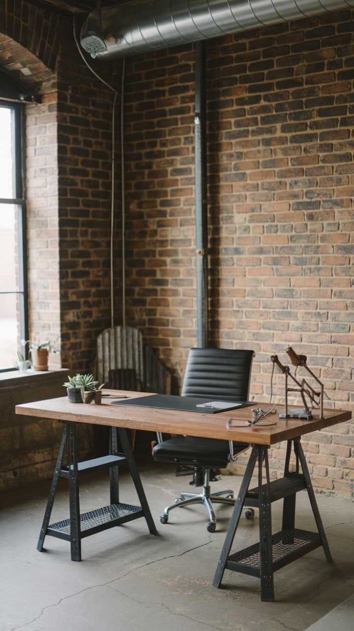 Raw, reclaimed wood meets rugged steel in this industrial haven. The vintage work table, a masterpiece of minimalist design, anchors the space, its aged surface whispering tales of creativity past. Exposed brick and pipes add to the authentic loft aesthetic, while a simple chair invites you to settle in and let inspiration flow. The perfect blend of rustic charm and modern functionality.