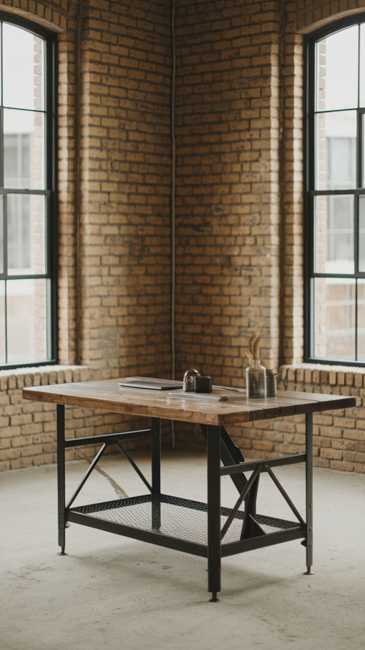 Imagine the creative energy flowing in this loft-style haven! A vintage-inspired work table with a reclaimed wood top and a sleek steel frame anchors the space, its raw beauty perfectly complementing the exposed brick walls and minimalist aesthetic.