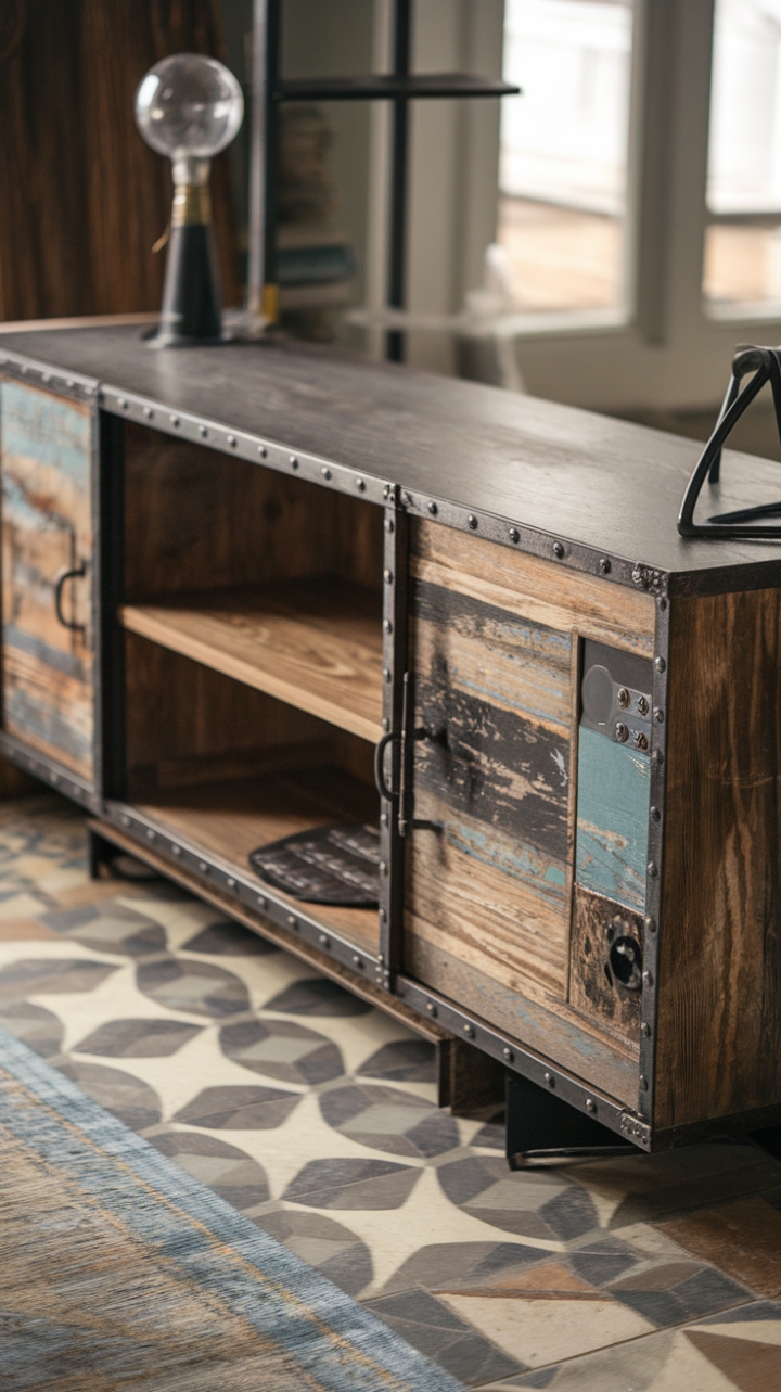 Ready to infuse your space with raw, rustic charm? This vintage industrial media console, a masterpiece of distressed wood and open shelving, promises a captivating blend of old-world grit and modern functionality. Its unique character shines against a patterned floor, perfectly complemented by a vintage lamp that casts a warm, inviting glow.