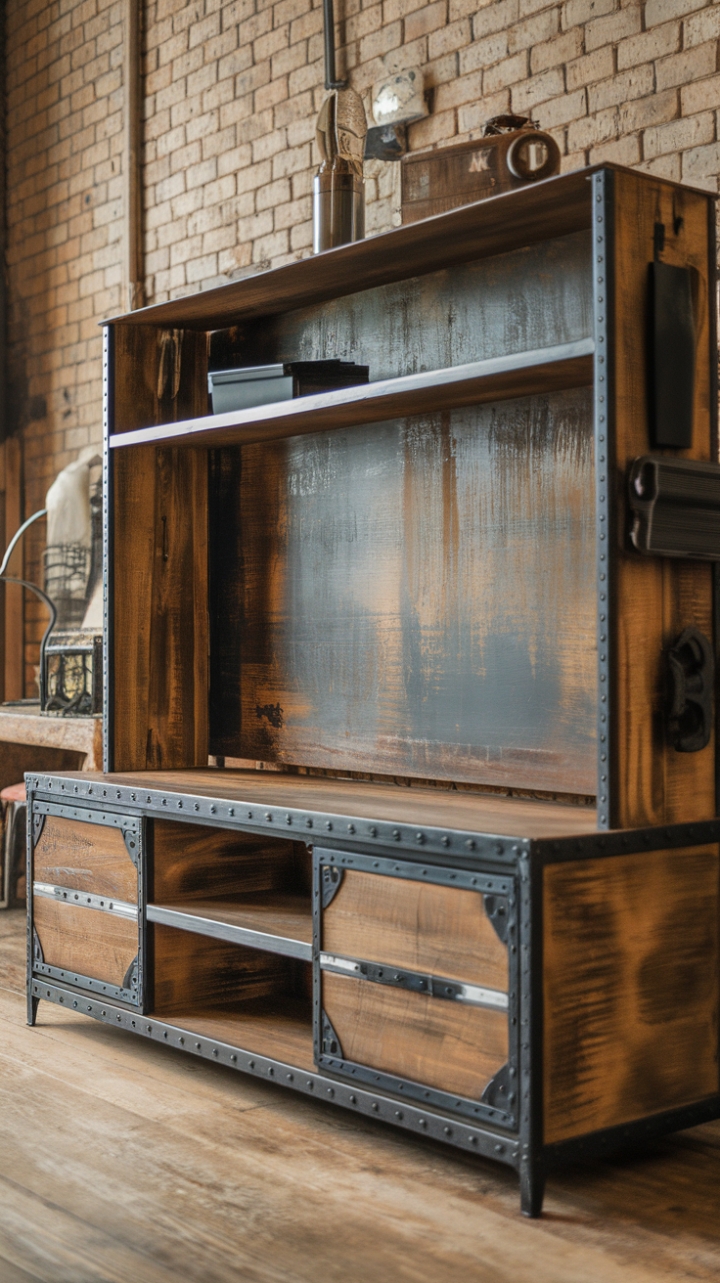 Craving that lived-in, industrial chic vibe? Look no further! This reclaimed wood and metal entertainment console boasts a beautifully distressed finish and ample storage, making it the ultimate statement piece for your modern-rustic haven. The open shelving and large central compartment provide the perfect display and storage solution for your media and décor.