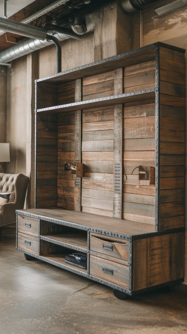 Raw, rustic, and undeniably cool. This industrial entertainment center, with its distressed wood and visible grain, anchors the space with rugged charm. The built-in power and cable management add a touch of modern convenience to the vintage vibe. A perfect blend of form and function for the modern industrial home.