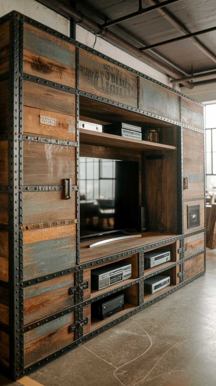 Craving a space that's both stylish and undeniably unique? This industrial entertainment center is your answer. Its distressed wood and metal construction exudes warehouse-style authenticity, while its multiple shelves provide practical storage for all your media needs. The rough-hewn texture and exposed hardware add a touch of rebellious grit, making it a statement piece that will transform your living room into a haven of urban sophistication.