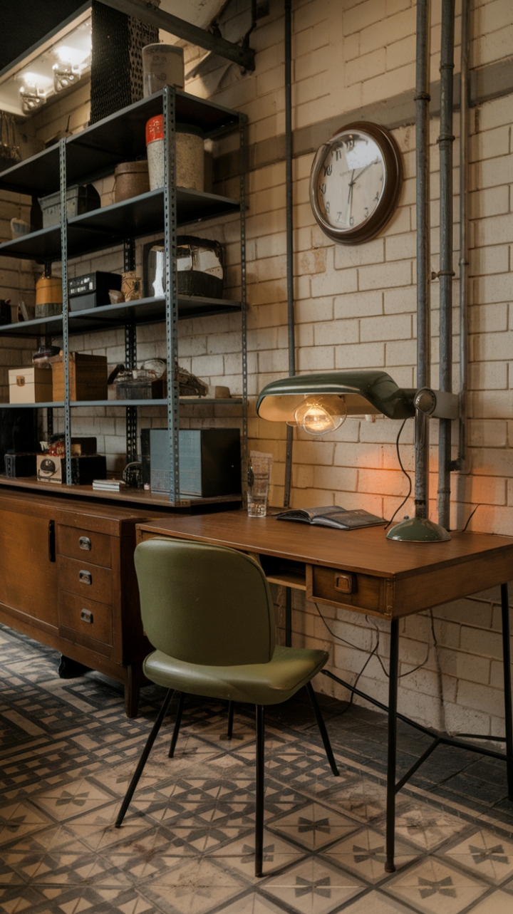 Imagine the creative energy humming in this space! A perfectly balanced blend of mid-century modern and industrial chic, this room boasts a vintage industrial desk and a pop of color with a retro green chair. The wall acts as a gallery of time, showcasing a vintage industrial lamp and clock, while a patterned tile floor adds a touch of unexpected whimsy. The perfect blend of form and function for the modern maker.