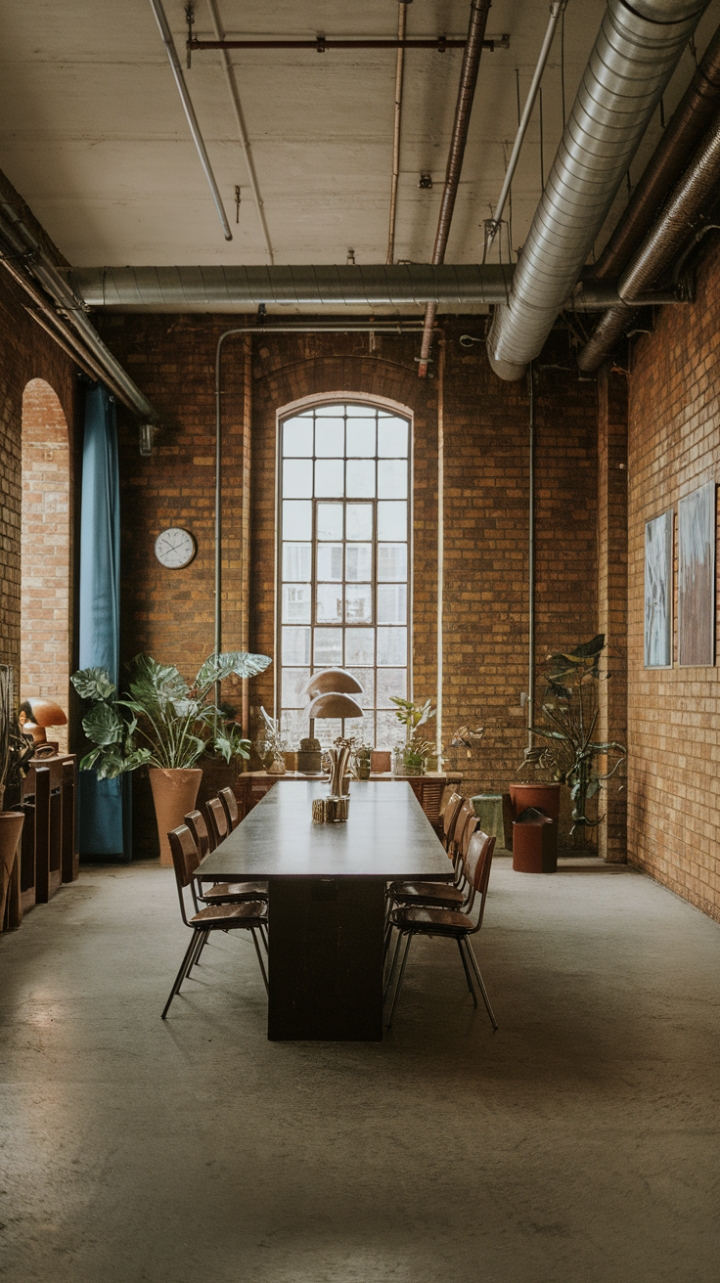 Imagine hosting unforgettable evenings in this captivating space. Exposed brick walls whisper tales of the past, while sleek industrial pipes and a concrete floor ground the design in a distinctly modern aesthetic. The vintage-inspired furniture and carefully chosen plants add warmth and character, creating a truly unique and inviting atmosphere.