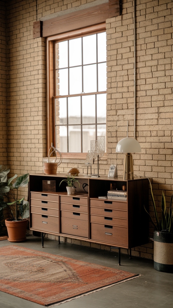 Ready to infuse your space with mid-century charm? This rustic-industrial haven boasts a magnificent wooden storage unit, brimming with character and practicality. Exposed brick walls, a sun-drenched window, and a plush rug complete the warm, inviting ambiance.