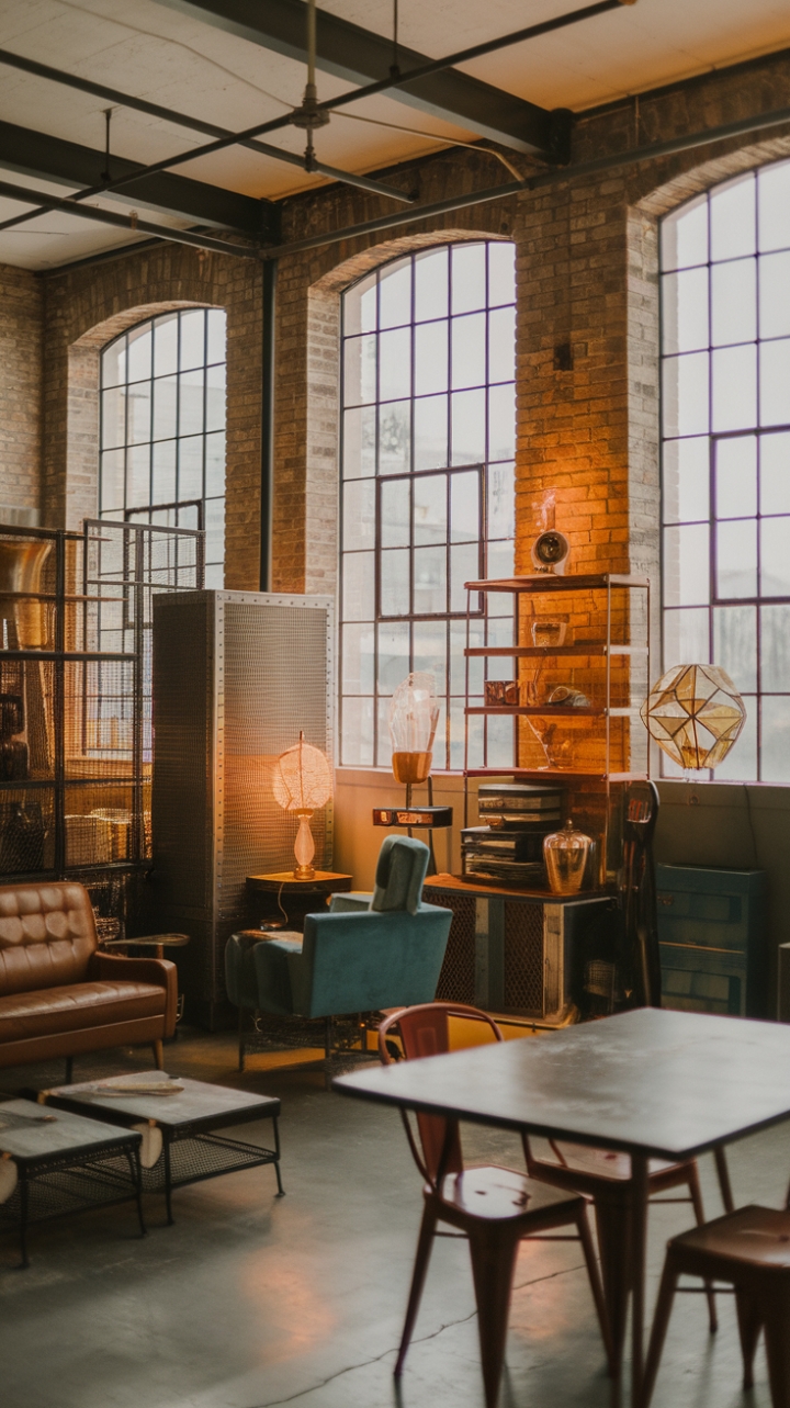 Exposed brick and soaring ceilings define this captivating industrial loft, a masterful blend of vintage and modern. Metal accents – from shelving to a striking table and chair – play against the softness of a mid-century sofa and the vibrant hues of retro décor. The result? A space that's both strikingly stylish and remarkably welcoming, a testament to the beauty of blending eras.