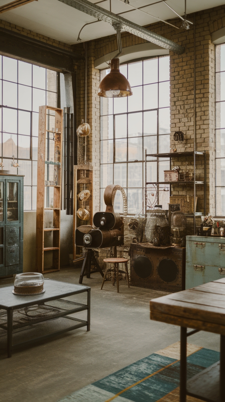 Raw urban grit meets refined industrial chic in this breathtaking loft. Exposed brick, soaring ceilings, and vintage finds create a space that's both edgy and inviting. A steampunk lamp casts a warm glow on a rustic modern table, while a factory-style cabinet adds a touch of vintage charm. Reclaimed materials, like the wooden ladder and metal shelving, tell a story of urban renewal. The concrete floor anchors the space, grounding the eclectic mix of textures and styles.