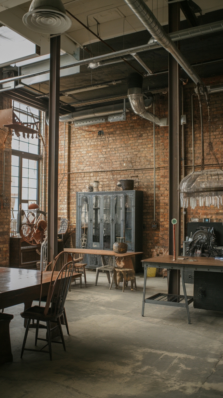 Craving a home that's as unique as you are? This eclectic industrial haven boasts a high-ceilinged expanse of exposed brick, punctuated by the raw beauty of vintage industrial finds and the warmth of rustic modern pieces. The result? A captivating blend of textures and styles that whispers of urban grit and sophisticated charm.