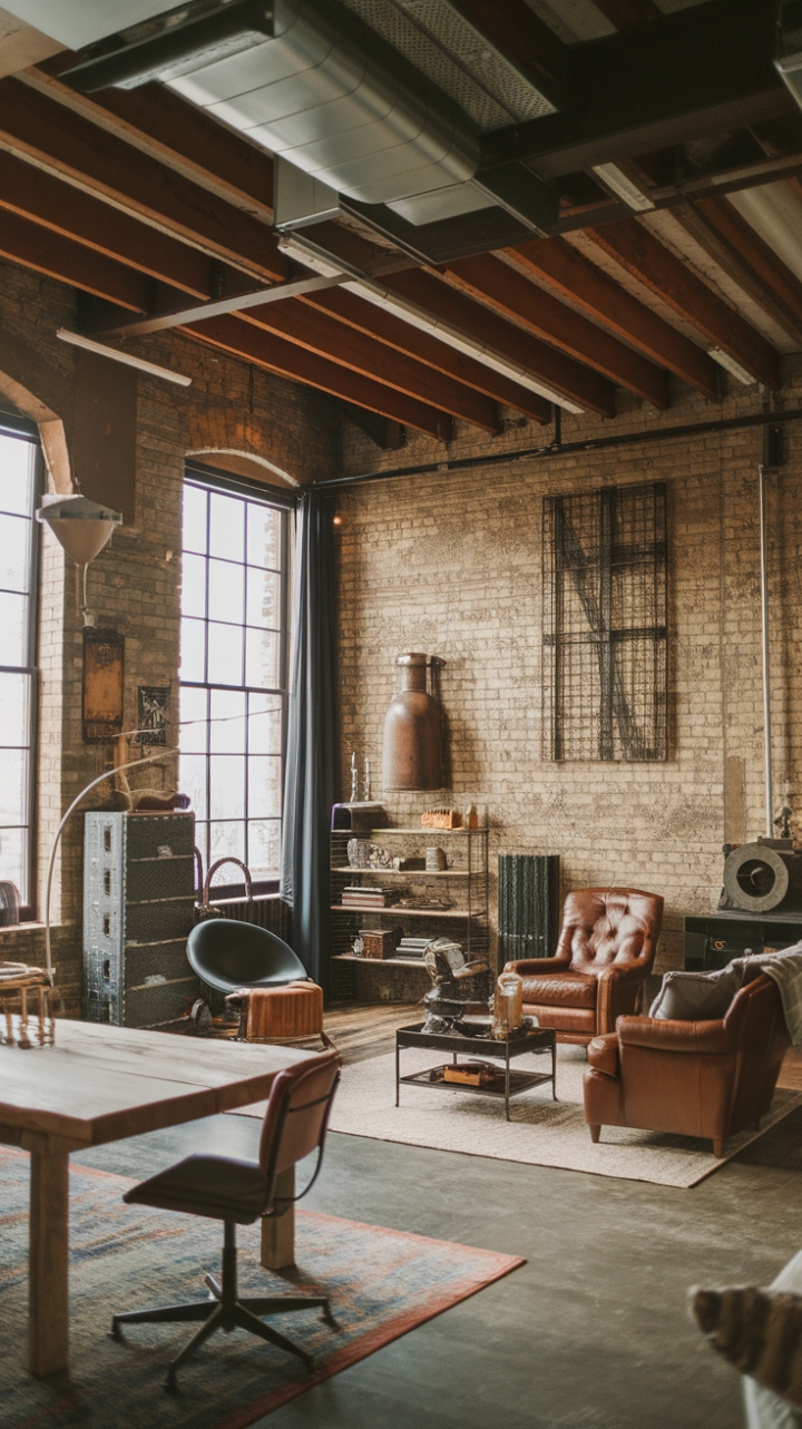 This eclectic industrial haven is a masterclass in texture and contrast. High ceilings soar above exposed brick walls and weathered wooden beams, creating a dramatic backdrop for a curated collection of vintage finds and modern furnishings. A symphony of materials—from rustic wood to sleek metal—harmonizes beautifully, resulting in a space that's both strikingly stylish and wonderfully lived-in.