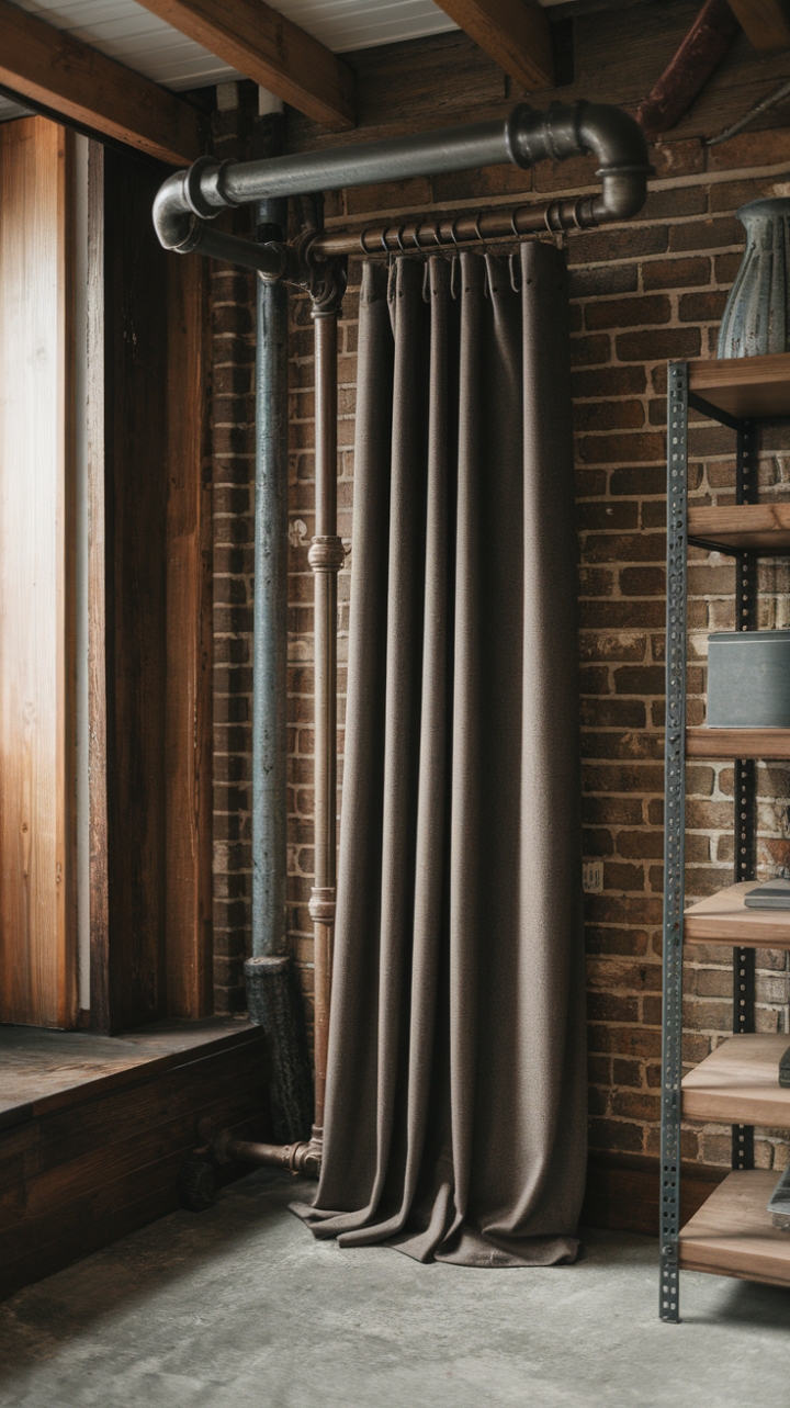 Ready to inject raw, urban cool into your space? This vintage industrial pipe curtain rod, a testament to rugged elegance, anchors heavy drapes against a backdrop of exposed brick and reclaimed wood, creating a loft-worthy ambiance that's both strikingly modern and undeniably timeless.