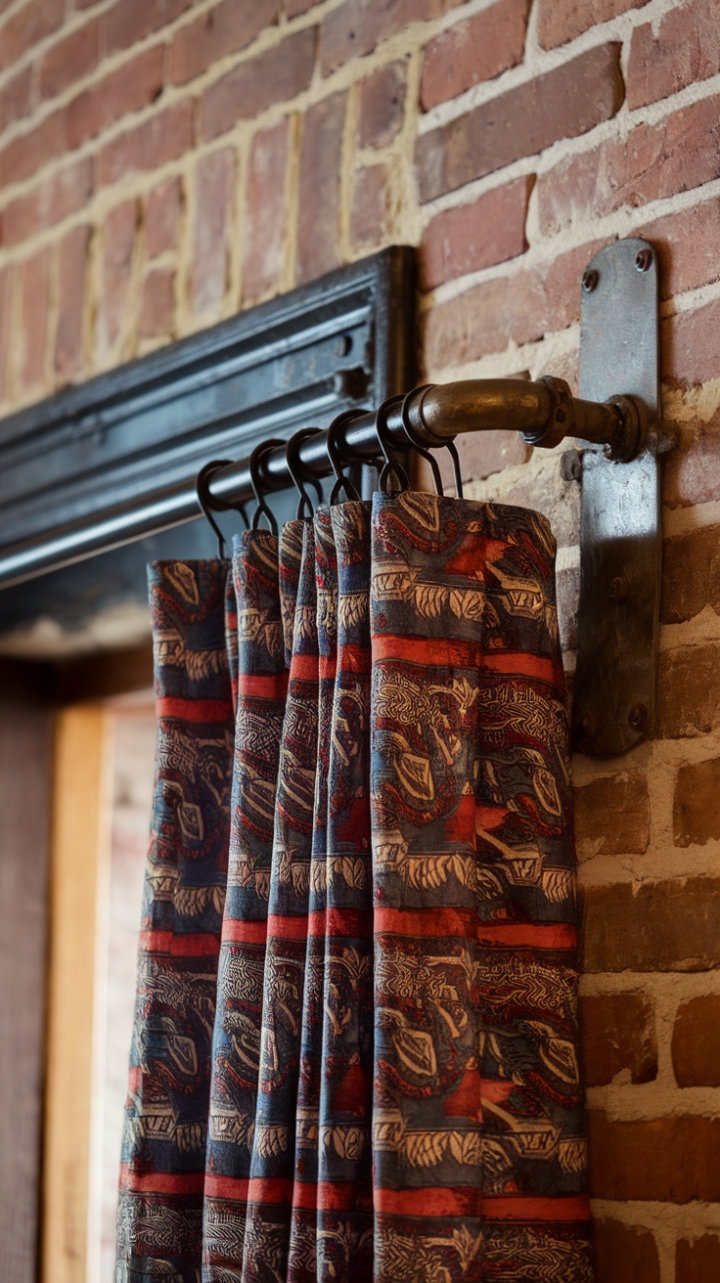 Unleash your inner urbanite with this striking industrial curtain rod. The aged steel pipe, paired with its rustic hardware, provides a rugged contrast to the vibrant, patterned curtain. This dynamic duo, set against a textured brick wall, delivers a powerful statement of raw, reclaimed beauty.