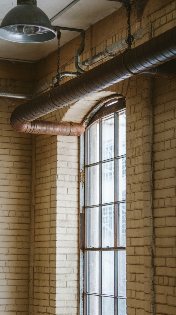 Embrace the beauty of imperfection. This industrial-chic room showcases a stunning vintage steel curtain rod, its rusty patina a perfect complement to the textured brick walls and aged window frame. Heavy, character-filled drapes add a touch of drama, while industrial pendant lights provide a functional and stylish illumination, creating a space that's both rugged and refined.