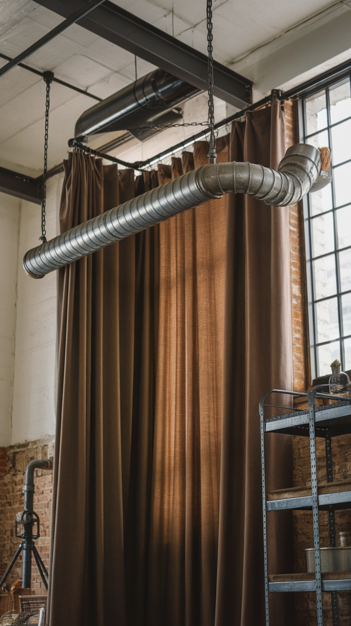 Raw industrial chic meets unexpected softness. A weighty vintage pipe curtain rod, a testament to bygone eras, anchors a dramatic window treatment in this exposed-brick haven. The thick fabric drapes create a cozy contrast to the room's rugged charm, perfectly balanced by complementary metal accents.