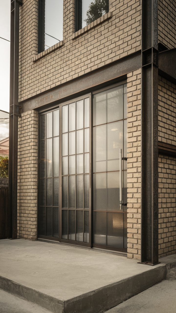 Raw urban grit meets refined minimalism in this striking industrial home. Exposed brick, sleek metal accents, and a minimalist aesthetic create a captivating exterior, perfectly complemented by the concrete patio and a glass-and-metal sliding door that beckons you inside. The city backdrop only enhances its cool, contemporary vibe.