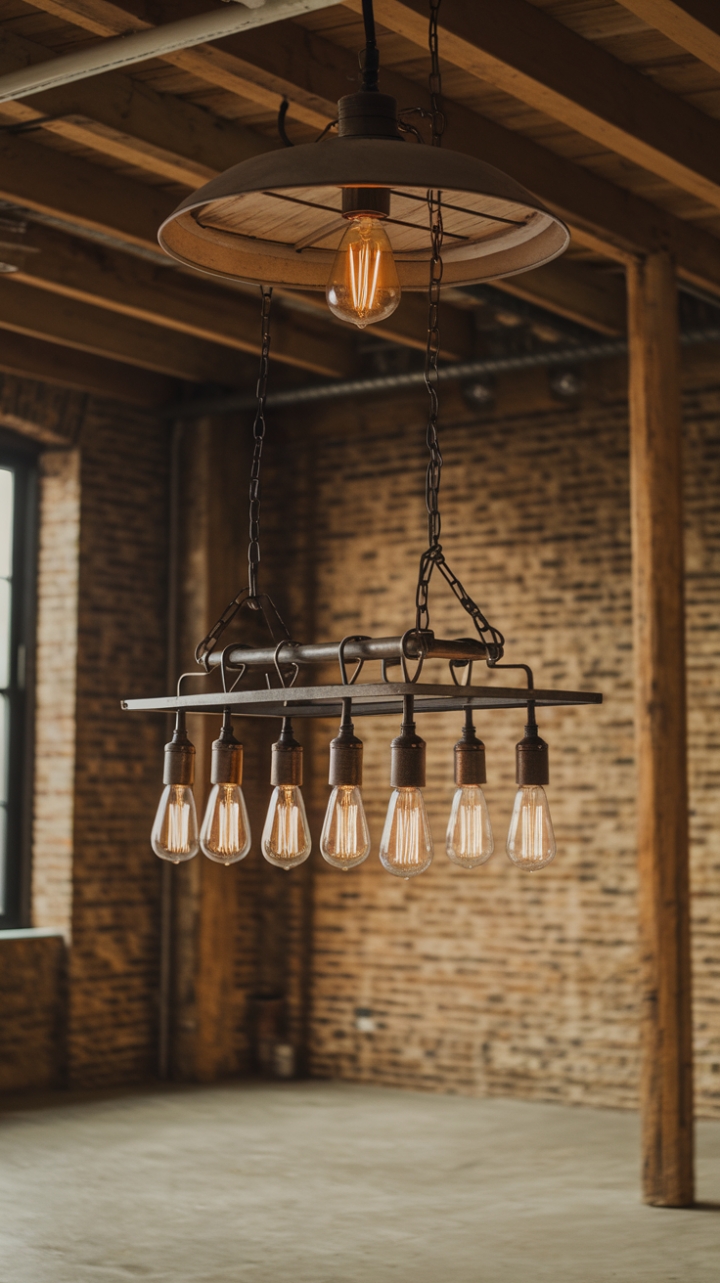 Imagine the perfect blend of industrial grit and rustic warmth. This image showcases a stunning juxtaposition of lighting styles—a multi-bulb factory pendant and a single-bulb wooden fixture—perfectly complementing the exposed brick, wooden beams, and concrete floor of a chic loft space. The result? Irresistible character and undeniable style.