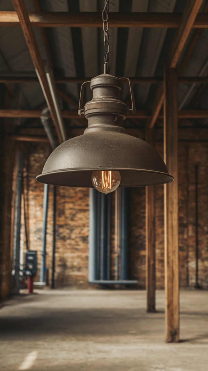 Imagine the warm glow of this magnificent industrial pendant illuminating your dining area. The aged metal and exposed bulb are perfectly complemented by the rustic charm of exposed brick walls and heavy wooden beams, creating a space that's both strikingly modern and wonderfully nostalgic. The concrete floor and glimpse of industrial machinery only add to the captivating atmosphere.