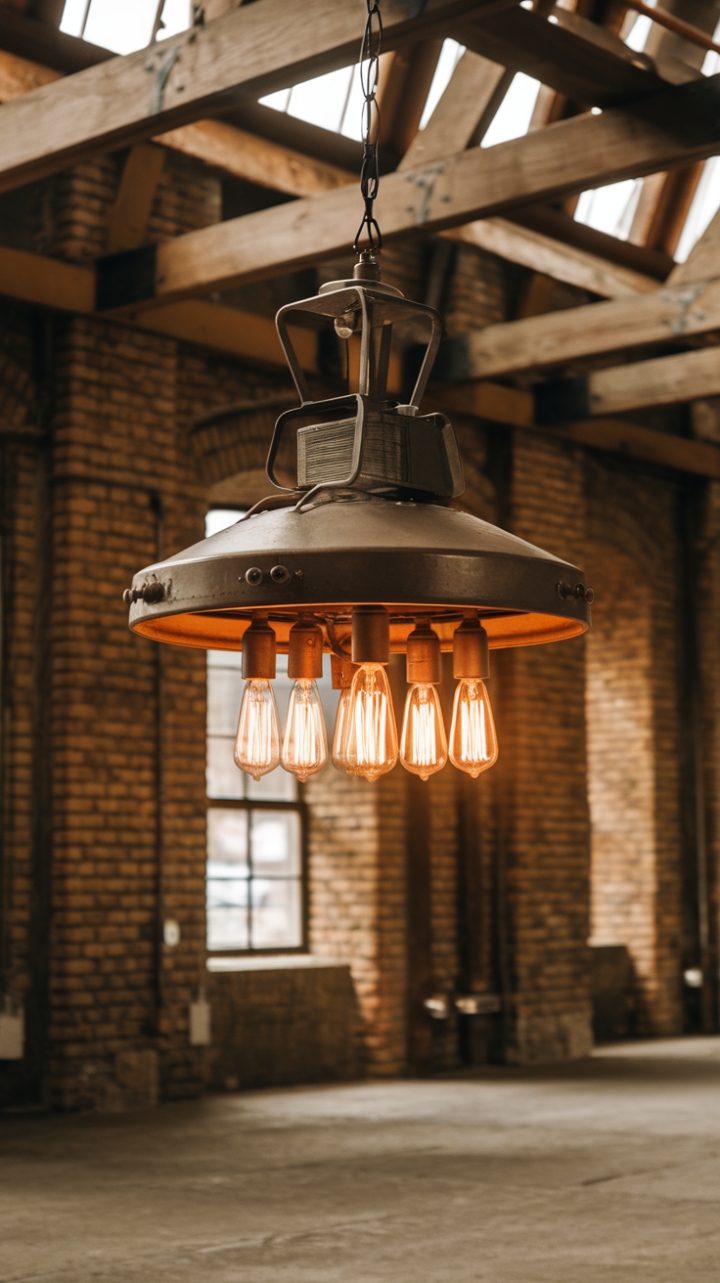 Industrial chic meets rustic charm. This vintage pendant lamp, a symphony of metal and warm light, casts a captivating glow against the backdrop of exposed brick and aged wood. The concrete floor adds a touch of urban grit, creating a space that's both inviting and undeniably stylish.
