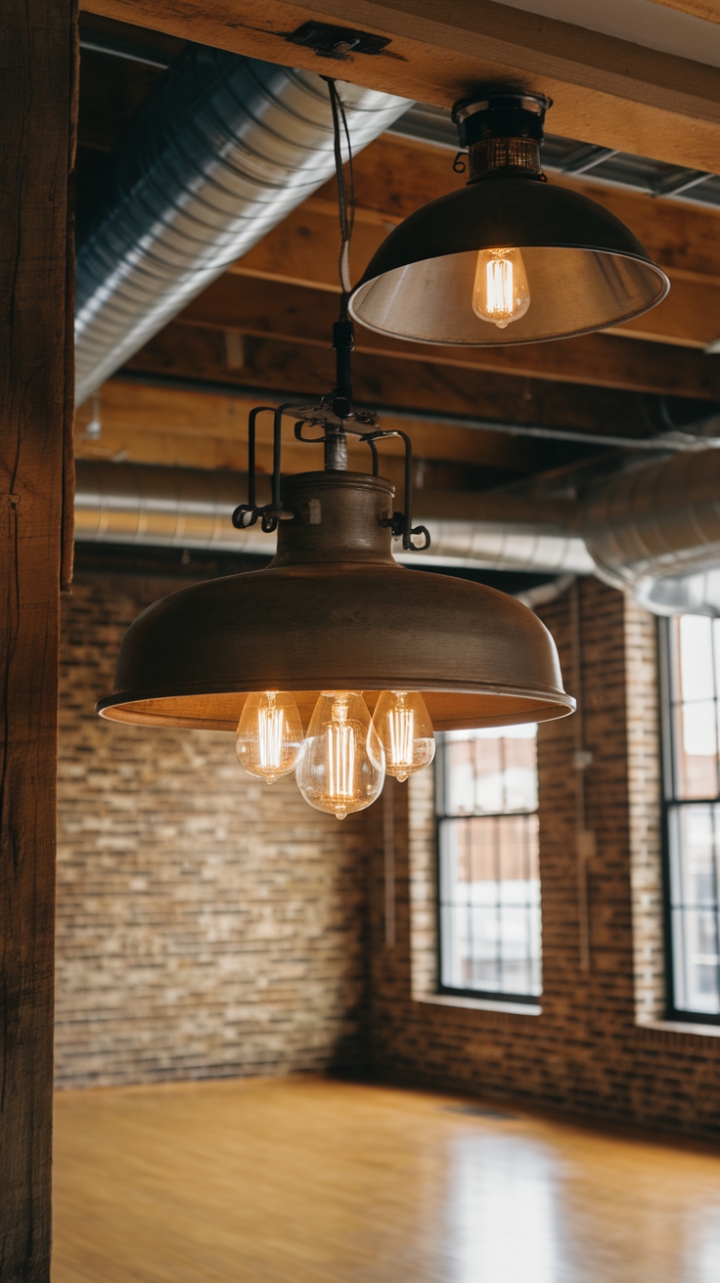 Exposed brick, aged wood, and gleaming metal converge in a symphony of industrial chic. This loft's lighting is the star—a dramatic multi-light pendant hangs in perfect harmony with a smaller, rustic counterpart, creating a space both stylish and undeniably cozy. The hardwood floors and raw architectural details complete this captivating scene.