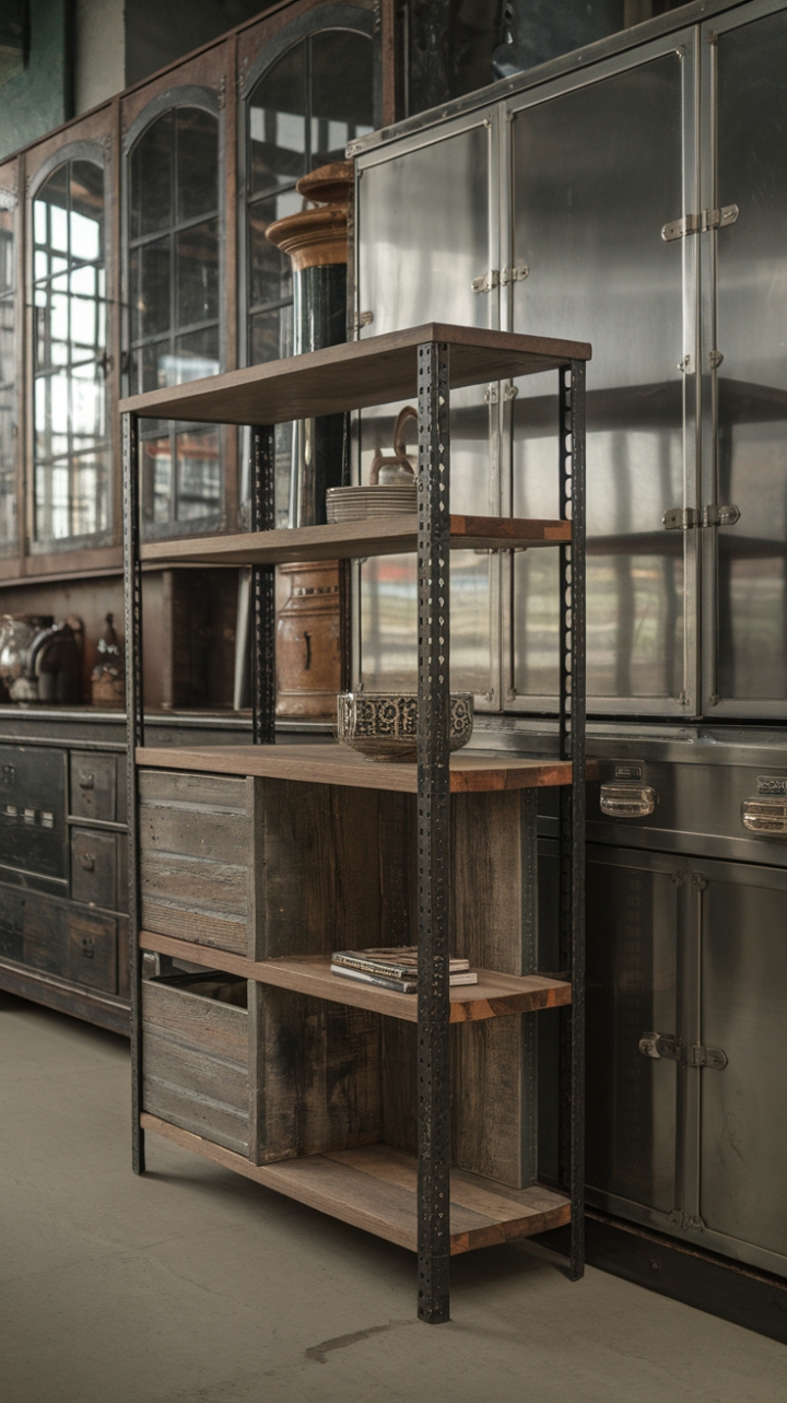 Industrial chic meets rustic charm in this captivating kitchen. A reclaimed wood and metal cabinet takes center stage, its rugged texture and rich patina a stunning contrast to the polished steel of the surrounding cabinetry. The overall effect is a sophisticated blend of textures and styles, perfectly capturing the spirit of urban loft living.
