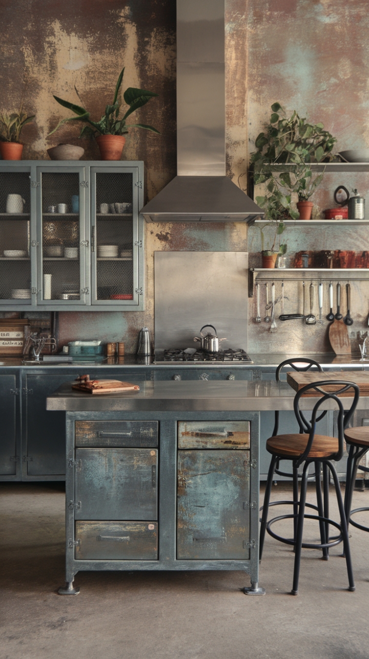 This isn't just a kitchen; it's a statement. Vintage factory charm meets contemporary design in a space where distressed steel and reclaimed wood create a symphony of texture and warmth. The expansive island, perfect for casual gatherings, is the undeniable heart of this captivating room, a testament to the beauty of blending the old with the new.