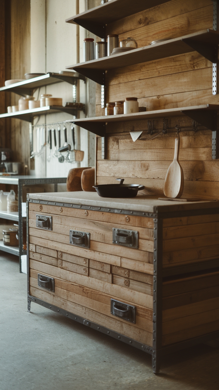 Raw, rustic, and undeniably chic. This industrial kitchen marries the warmth of aged wood with the cool edge of metal, creating a space that's both inviting and strikingly modern. The focal point? A magnificent wooden cabinet, brimming with character and personality, showcasing a curated collection of kitchen essentials. Concrete floors and exposed shelving complete the look, a testament to the beauty of imperfection.