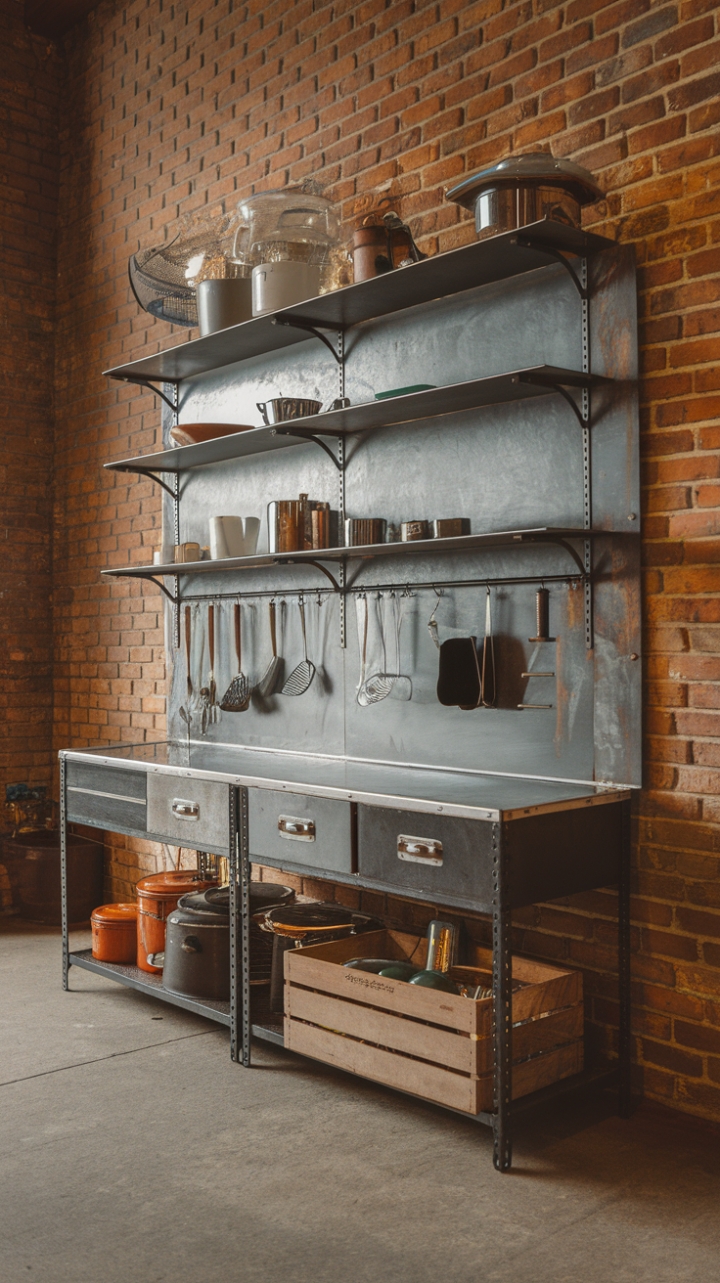 Ready to fall for the charm of industrial chic? A vintage steel cabinet, kissed by time and bearing the marks of its history, reigns over a brick wall, its shelves promising tales of culinary adventures. Below, a weathered wooden crate adds a touch of rustic warmth, grounded by a cool concrete floor. This kitchen is where urban grit meets country comfort.