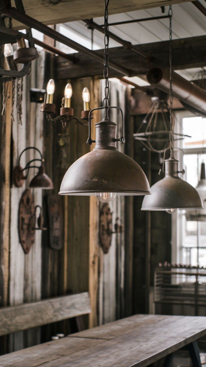 A symphony of textures and timeworn treasures. Distressed wood and metal lighting fixtures—from farmhouse pendants to industrial chandeliers—create a captivating ambiance in this space, where rustic charm meets industrial grit.