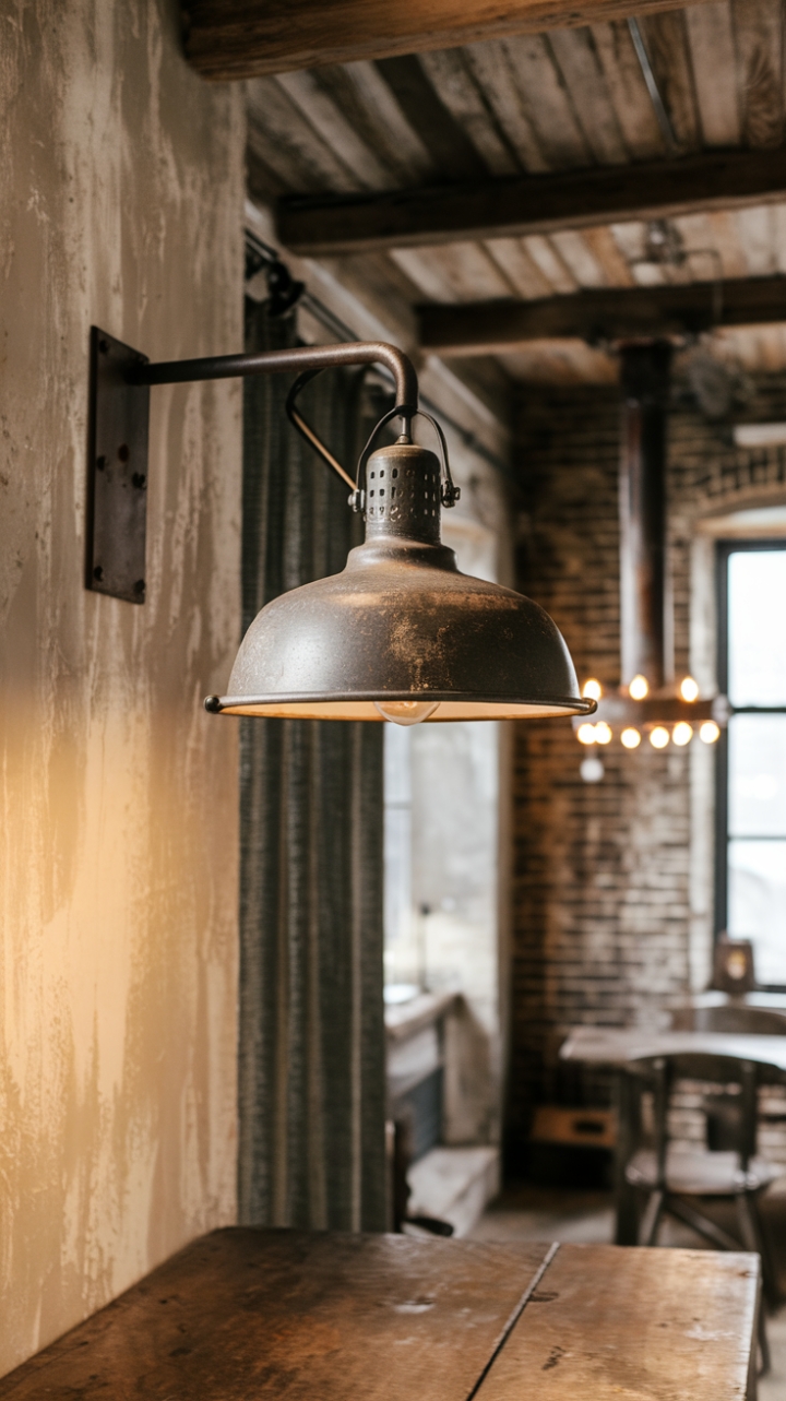 Ready to infuse your space with raw, romantic charm? A vintage industrial pendant, its distressed metal shade whispering tales of bygone eras, hangs low over a weathered wood table, bathed in the warm glow of its inviting light. The rugged metal sconce on the exposed brick wall, paired with an antique industrial chandelier in the background, completes this captivating scene of rustic-industrial perfection. The distressed wood ceiling adds the perfect finishing touch.