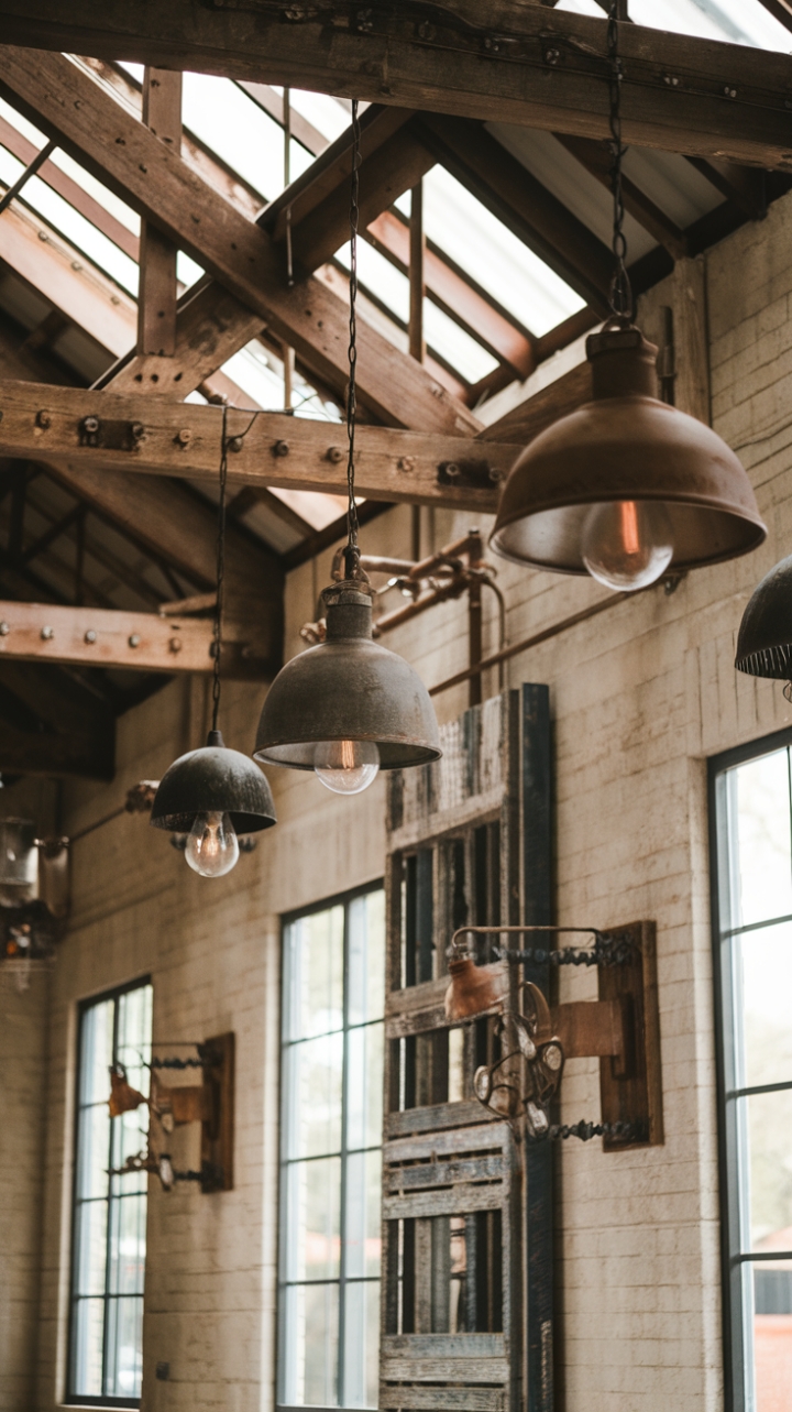 Ready to fall in love with raw, rustic charm? Imagine evenings spent under the warm glow of vintage industrial pendants and sconces, their distressed metal a testament to time and craftsmanship. Exposed wooden beams soar above a polished concrete floor, creating a space both grand and intimately inviting. The perfect blend of farmhouse and industrial aesthetics, this room whispers stories of enduring style.