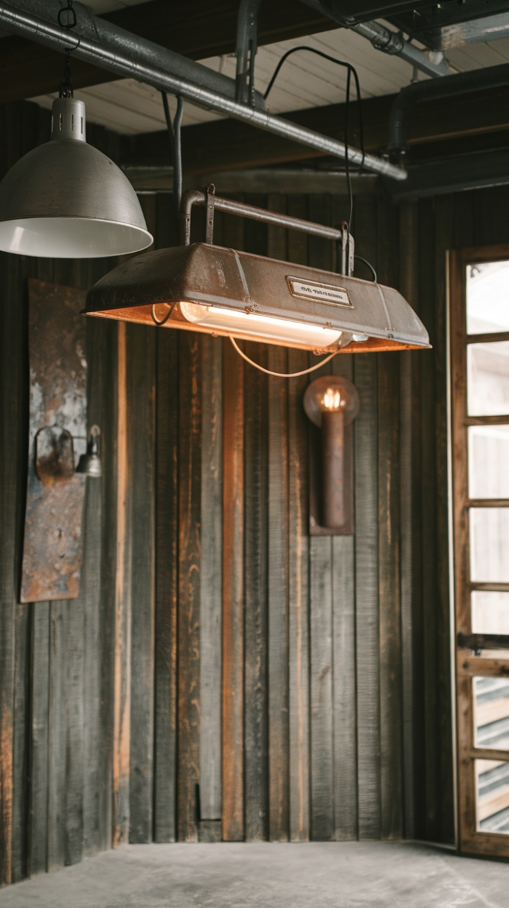 Raw texture meets refined style in this rustic-industrial haven. A vintage pendant light anchors the space, its weathered metal a perfect complement to the distressed wood walls and concrete floor. The interplay of light and shadow, created by the strategically placed sconces, adds depth and drama. This isn't just a room; it's a statement.