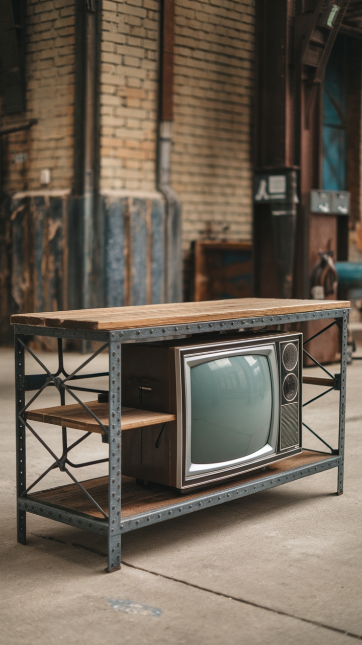 Love the look of exposed brick and raw textures? This media console is your answer! Its vintage TV stand and reclaimed wood top create a rustic focal point, perfectly complemented by the sleek metal frame. The urban setting only enhances its industrial-chic appeal—a statement piece for any modern home.