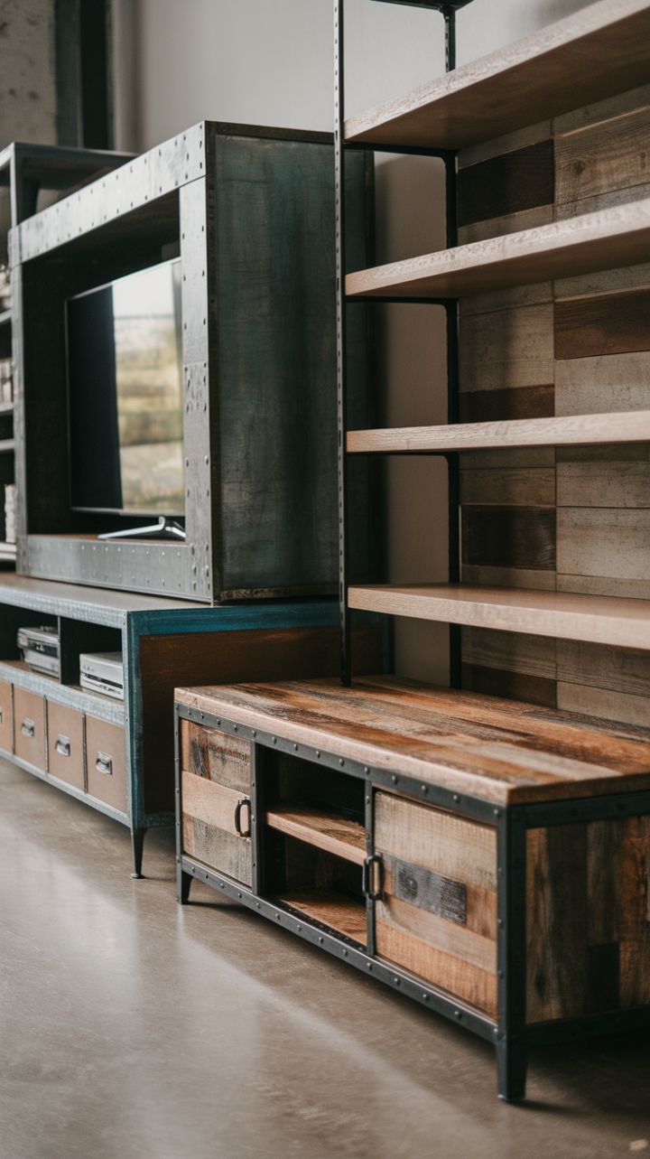 Ready to transform your living space? This urban industrial entertainment unit, a masterpiece of reclaimed wood and sleek metal, commands attention with its rustic charm and modern functionality. The vintage TV stand perfectly complements the industrial metal frame, creating a captivating focal point in any room. Its spacious design offers ample storage, blending seamlessly with a concrete floor for an undeniably chic industrial loft aesthetic.
