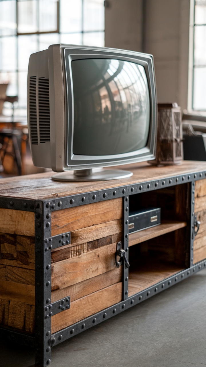 Raw urban grit meets refined rustic charm in this loft-style haven. A reclaimed wood media console, boasting a striking metal frame with a distressed finish, anchors the space, its weathered texture a perfect counterpoint to the sleek vintage TV perched above. The result? An undeniably cool and captivating focal point.