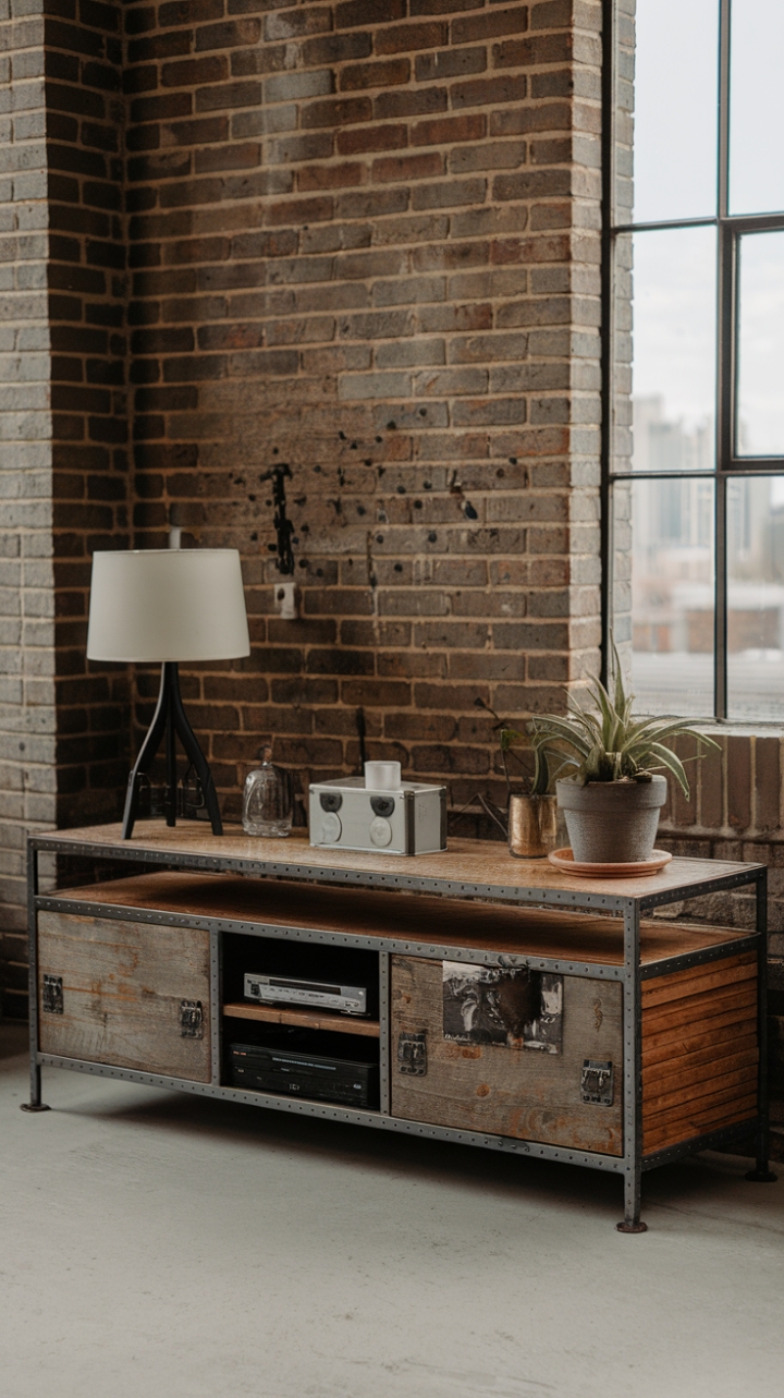 Unleash your inner urbanite with this raw, industrial-chic entertainment center. The rustic console, framed in striking metal, anchors the space with vintage charm, while a cityscape view through the window adds a touch of unexpected elegance. The perfect blend of grit and grace.
