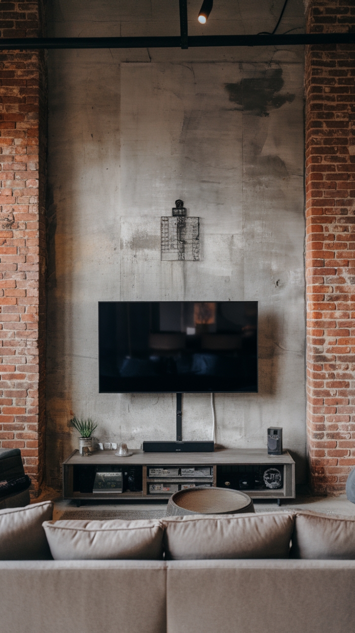 Imagine: exposed brick whispering stories of the past, a sleek TV screen offering a glimpse into the future, all nestled in a loft-style living room that's both edgy and inviting. This is industrial chic redefined—a space where comfort meets concrete.