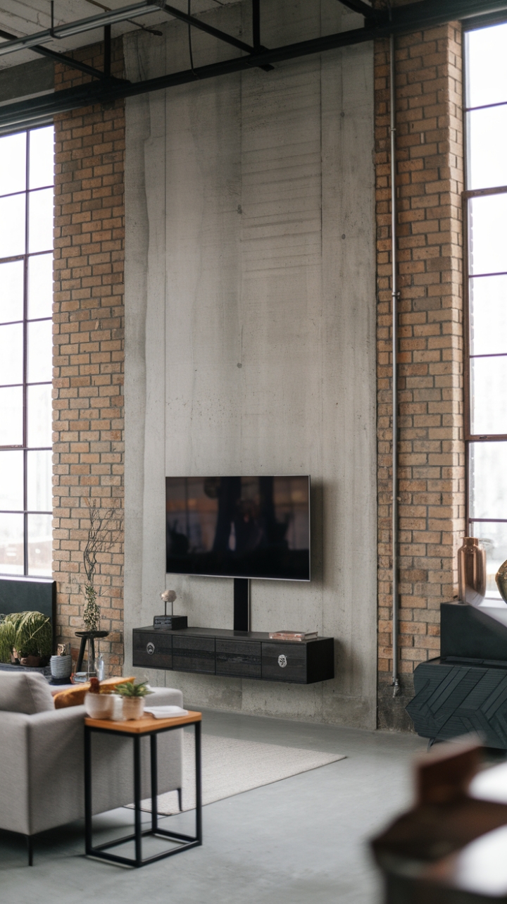 High ceilings and expansive windows bathe this loft-style living room in natural light, highlighting the raw beauty of the exposed brick and concrete walls. A sleek, wall-mounted TV anchors the space, while carefully curated furnishings and décor add subtle touches of personality to this undeniably stylish sanctuary.