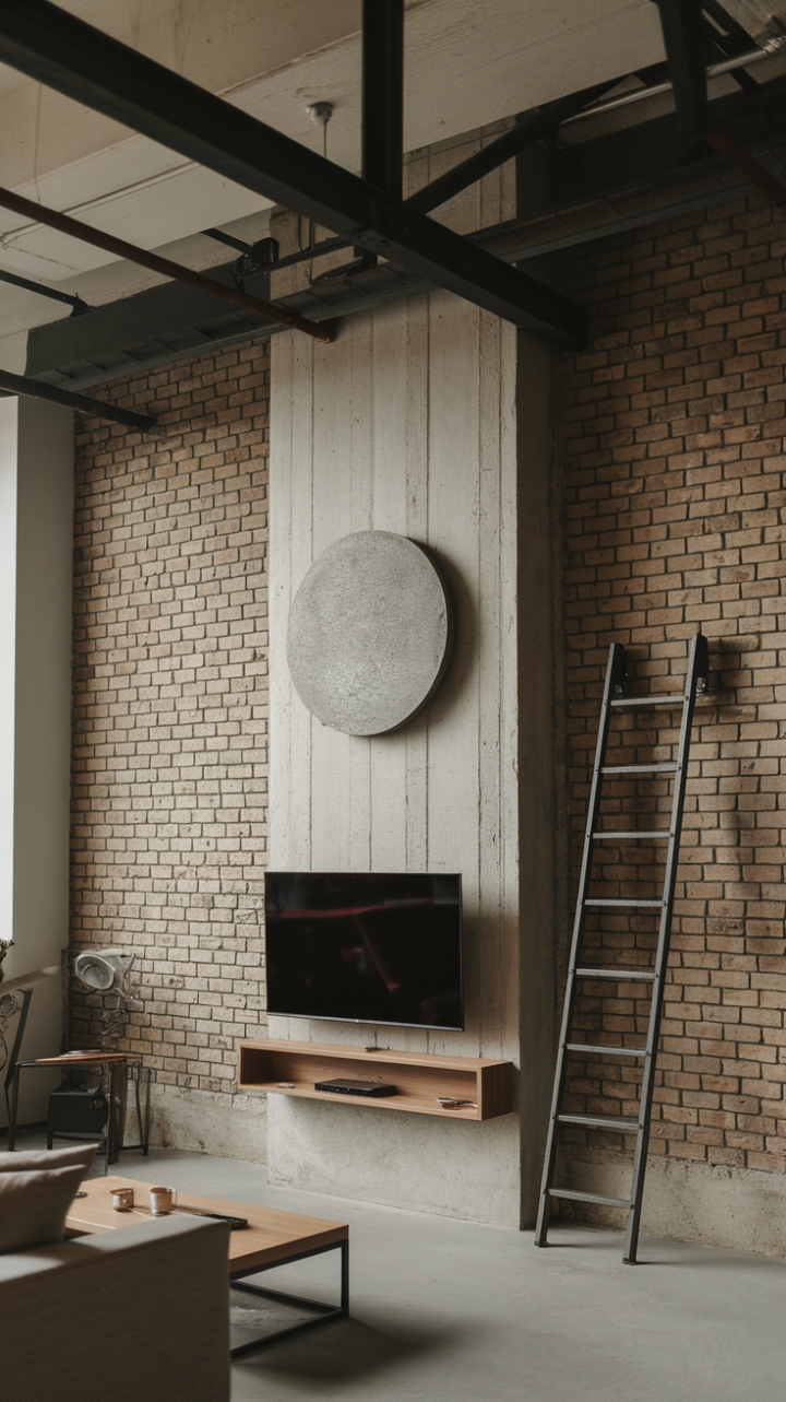 Raw urban grit meets refined modernism in this breathtaking loft. Exposed brick, concrete accents, and industrial-chic details create a captivating backdrop for minimalist furniture and a surprisingly cozy atmosphere. The unexpected warmth of the wooden shelf against the concrete pillar housing the TV is a masterclass in contrasting textures.