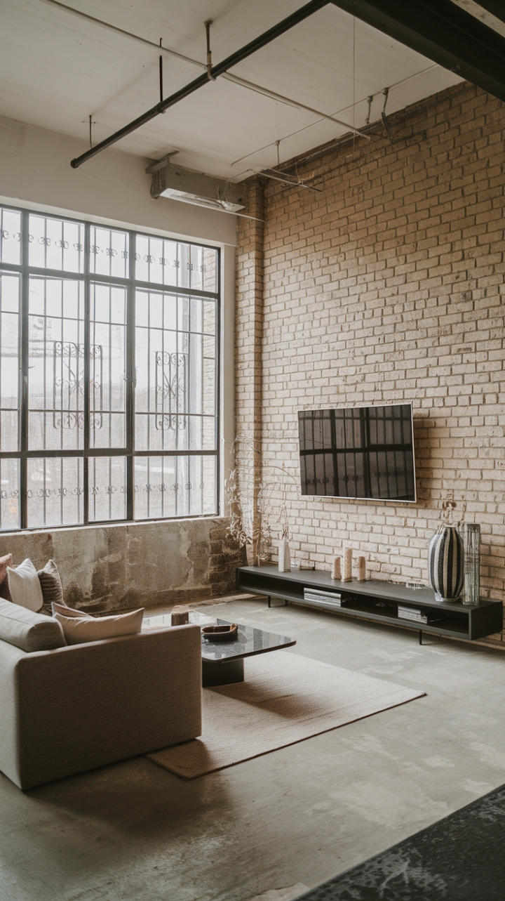 Raw urban grit meets refined modernism in this breathtaking living space. Exposed brick, a concrete floor, and high ceilings create an industrial backdrop, while a sleek TV wall and plush seating inject contemporary comfort. The large windows, framed by iron bars, add a touch of unexpected drama.