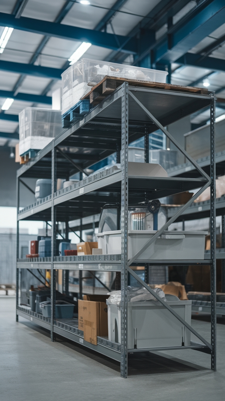 Ready to transform your space with raw, industrial chic? This multi-tiered steel shelving unit, captured in a sun-drenched warehouse setting, offers both robust storage and a striking design statement. Its rugged charm adds instant character, perfect for showcasing your curated collection of treasures.