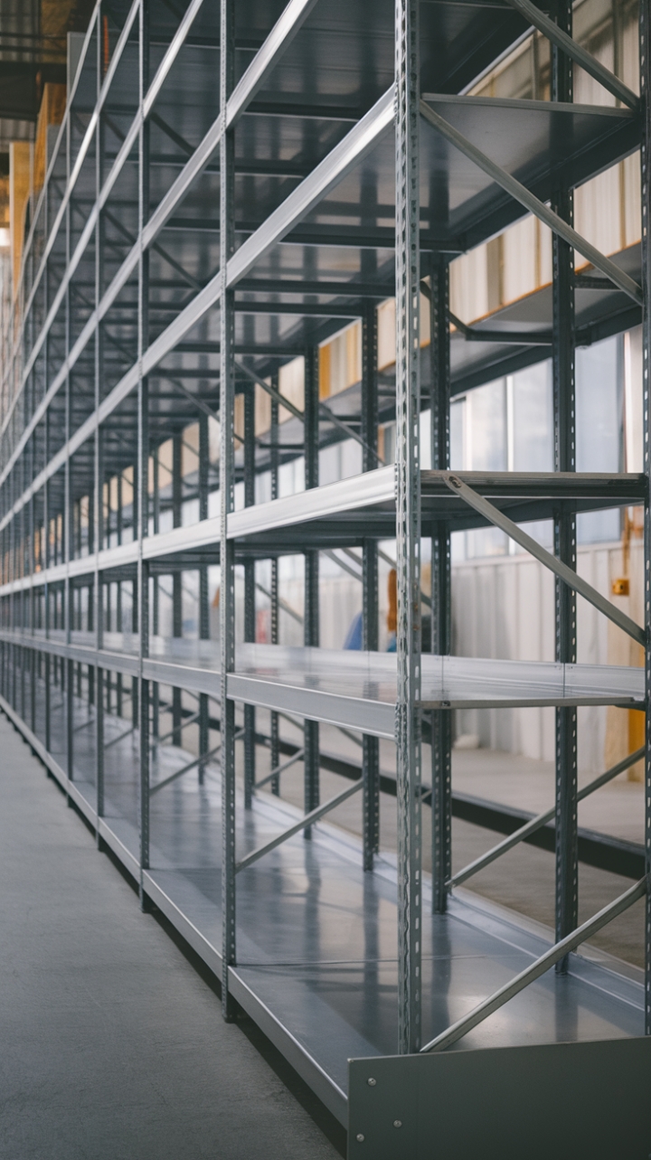 Unleash your inner architect with this inspiring vision of warehouse living. A symphony of steel, the industrial shelving system commands attention, its linear precision punctuated by the subtly angled final unit. A perfect blend of form and function, this space demonstrates how raw materials can create a sophisticated and stylish environment.