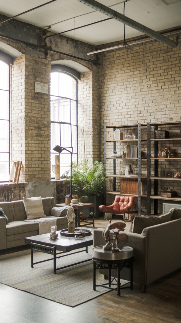 Craving a raw, refined aesthetic? This industrial-chic living room is a masterclass in urban cool. Vintage furniture, exposed brick, and a touch of greenery create a space that's both stylish and surprisingly inviting. The perfect blend of rugged and refined.
