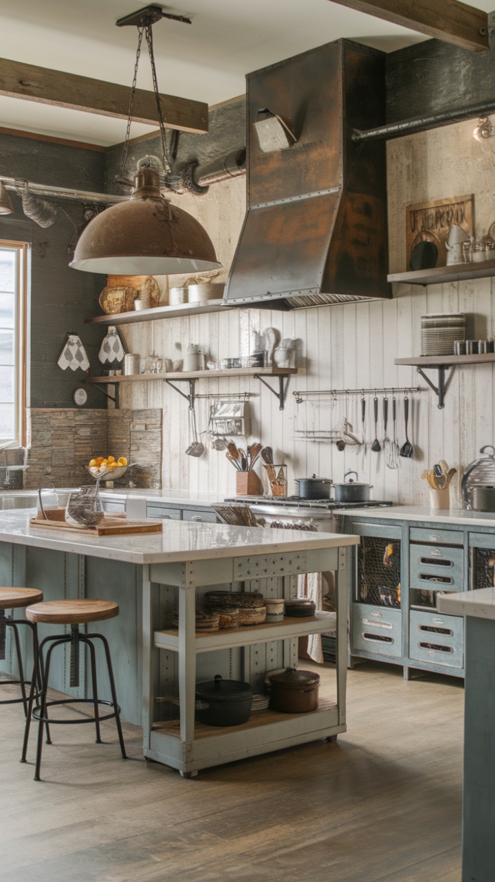 Ready to fall in love with a kitchen that seamlessly blends rustic charm and industrial edge? This urban farmhouse haven boasts reclaimed wood, distressed finishes, and a show-stopping marble island, all illuminated by a magnificent rustic light fixture. Open shelving displays a curated collection of cookware, adding to the lived-in, yet stylish feel.