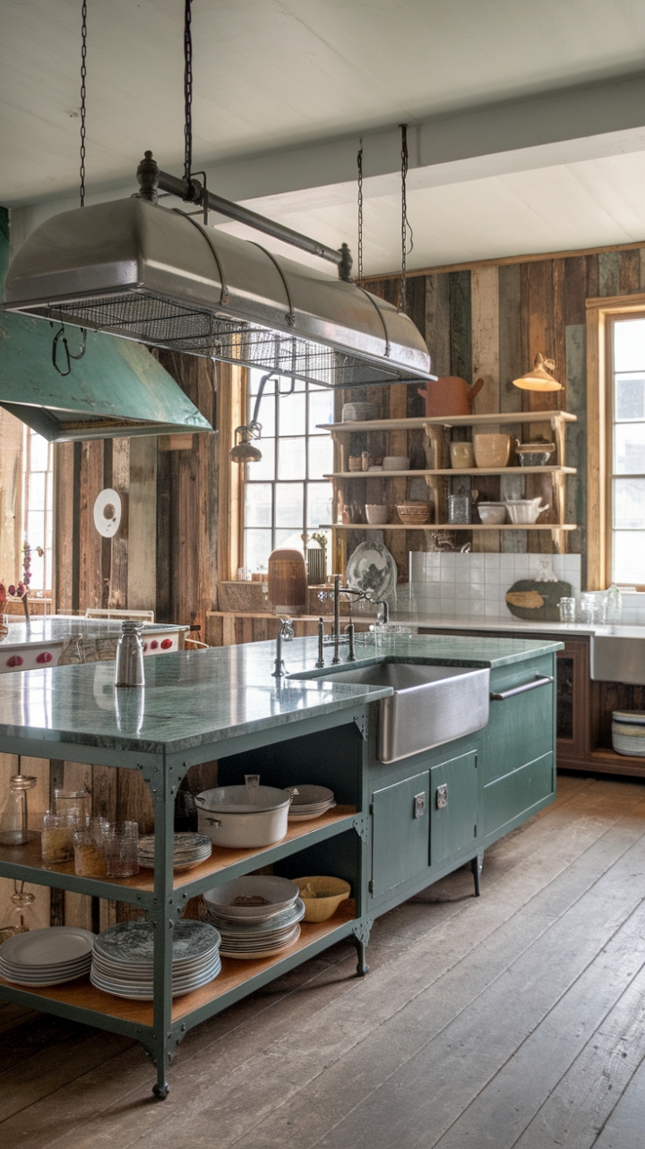 Ready to fall in love with a kitchen that seamlessly blends rustic charm and industrial edge? Reclaimed wood whispers stories of the past, while a vibrant green marble island and gleaming stainless steel sink inject modern functionality. Vintage cookware displayed on open shelving adds a touch of lived-in warmth, perfectly complemented by the cool metal accents and distressed wood floors. This space is a testament to the beauty of blending contrasting styles.