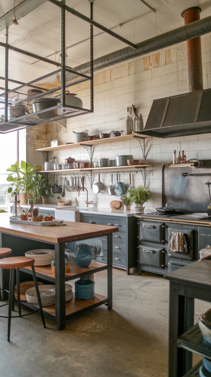Rustic charm meets industrial edge in this dream kitchen. Reclaimed wood, distressed finishes, and metal accents create a space that's both warm and sophisticated. The large island, open shelving, and vintage stove add to the homey, lived-in feel, while the concrete floors ground the design in a cool, contemporary aesthetic. A perfect blend of farmhouse coziness and urban cool.