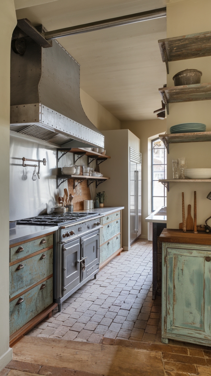 Ready to fall in love with the perfect blend of rustic charm and industrial edge? This kitchen's weathered brick floors, reclaimed wood shelving, and vintage range create a space that's both warm and inviting, yet undeniably cool. The soft beige walls and brushed metal accents add a touch of sophistication, while the open shelving displays cherished cookware and creates a sense of casual elegance.
