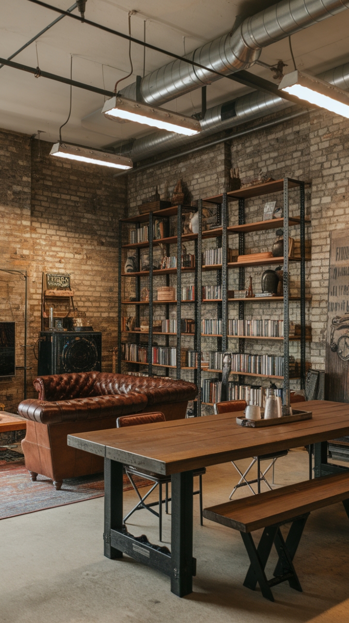 Craving a sanctuary that's as comfortable as it is cool? This industrial-chic man cave delivers. Imagine sinking into the plush leather sofa, a vintage lamp casting a warm glow as you enjoy a well-deserved break. The rustic wooden table, exposed brick walls, and industrial lighting fixtures create a space that's both stylish and undeniably masculine. A thoughtfully arranged bookshelf adds a touch of personality, showcasing a curated collection of books and decorative accents.