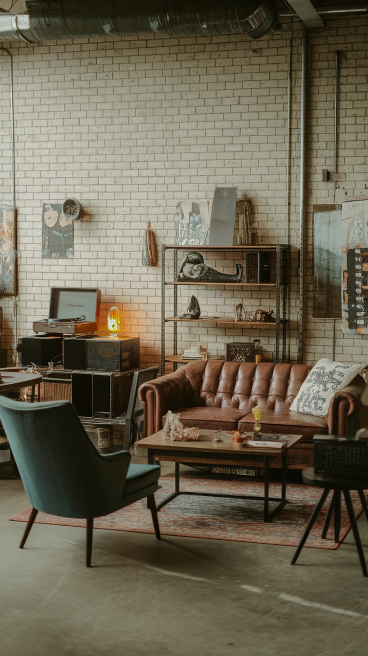 Raw brick walls meet retro cool in this man cave, where vintage finds and industrial accents create a space that's both rugged and refined. The worn concrete floor adds to the authentic vibe, while a plush sofa and carefully chosen accessories inject a touch of unexpected comfort. Perfect for unwinding with a vinyl record and a well-deserved drink.